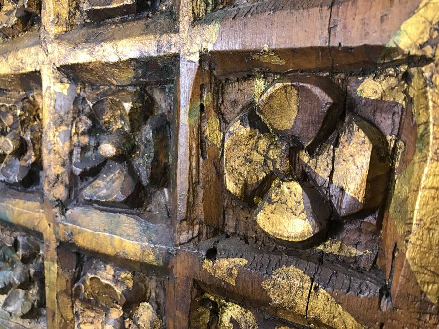 Old Gilded Carved Wooden Panel Floral Motif On Front With Painting On Back Of Madonna With Child [Photo 6]
