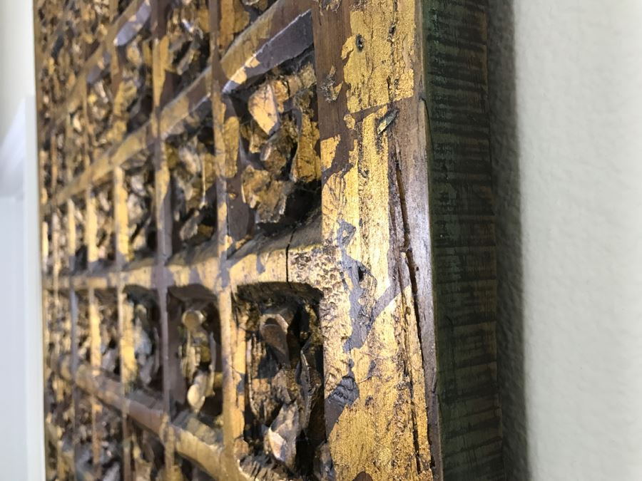 Old Gilded Carved Wooden Panel Floral Motif On Front With Painting On Back Of Madonna With Child [Photo 8]