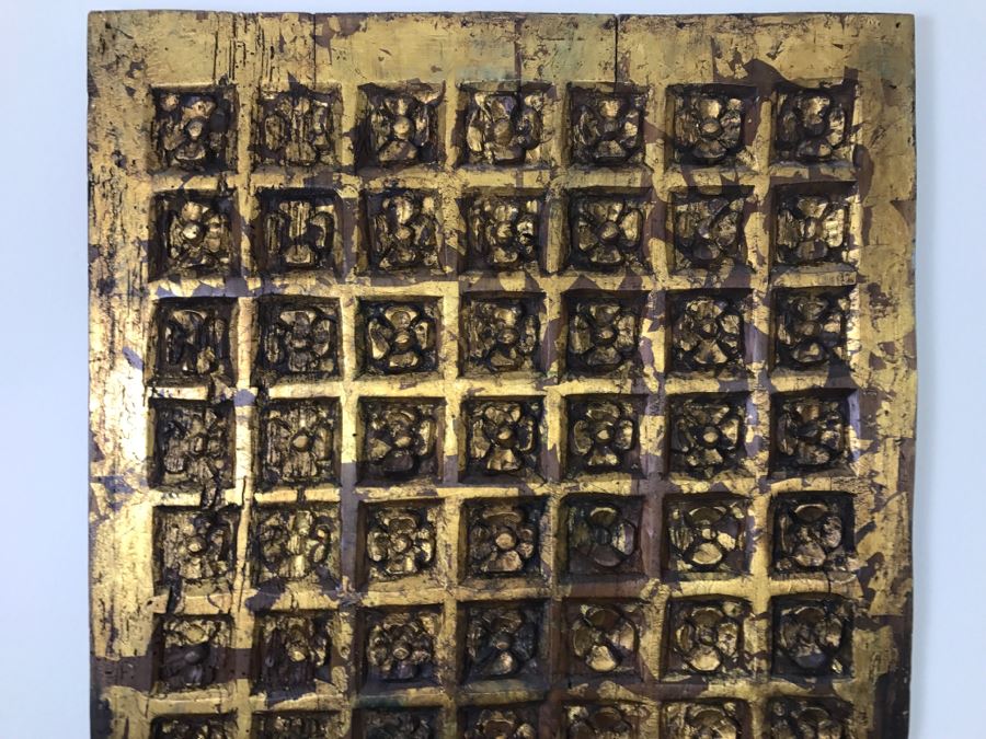 Old Gilded Carved Wooden Panel Floral Motif On Front With Painting On Back Of Madonna With Child [Photo 3]