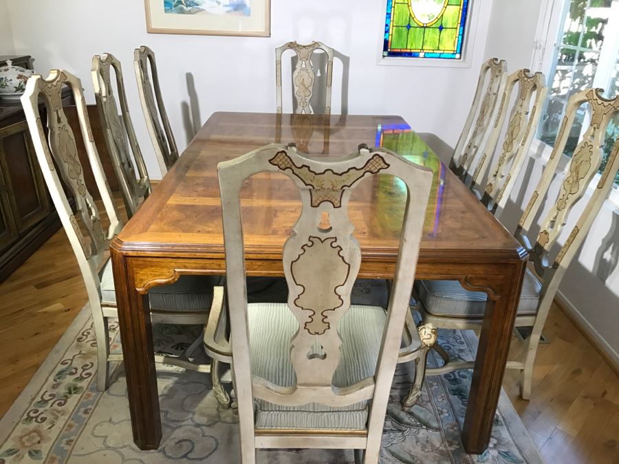 Drexel Herritage Chinoiserie Formal Dining Table 'Sketchbook' With 8 Dining Chairs And One Large Leaf [Photo 4]