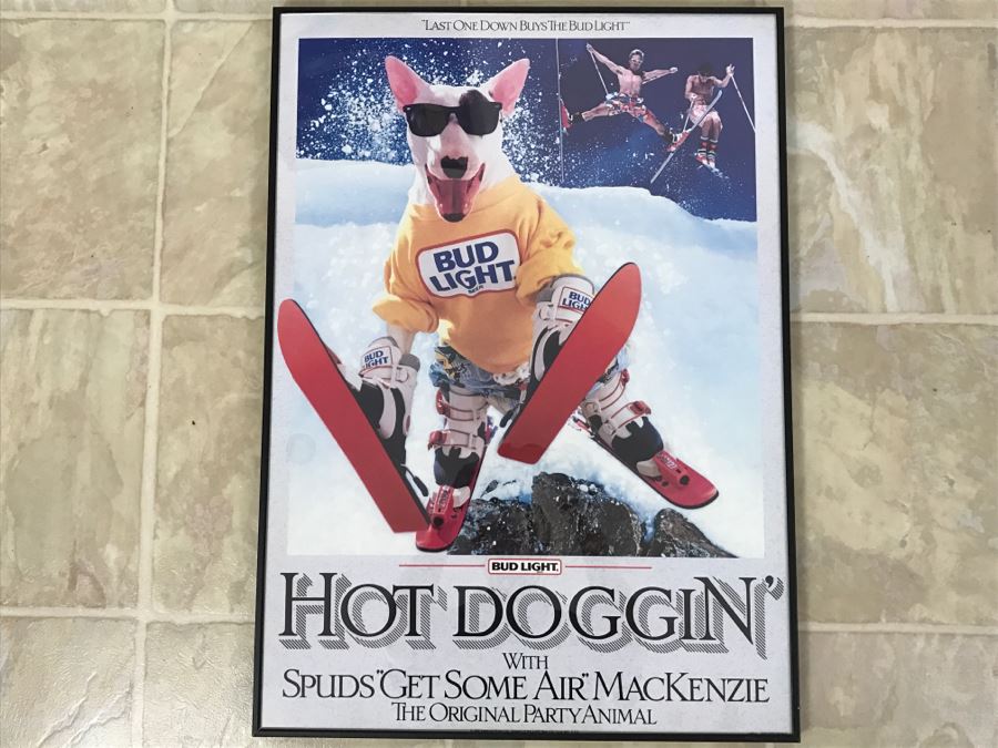 Vintage Framed Bud Light Advertising Poster Spuds Mackenzie 'Hot Doggin'' Ski Poster The Original Party Animal [Photo 1]