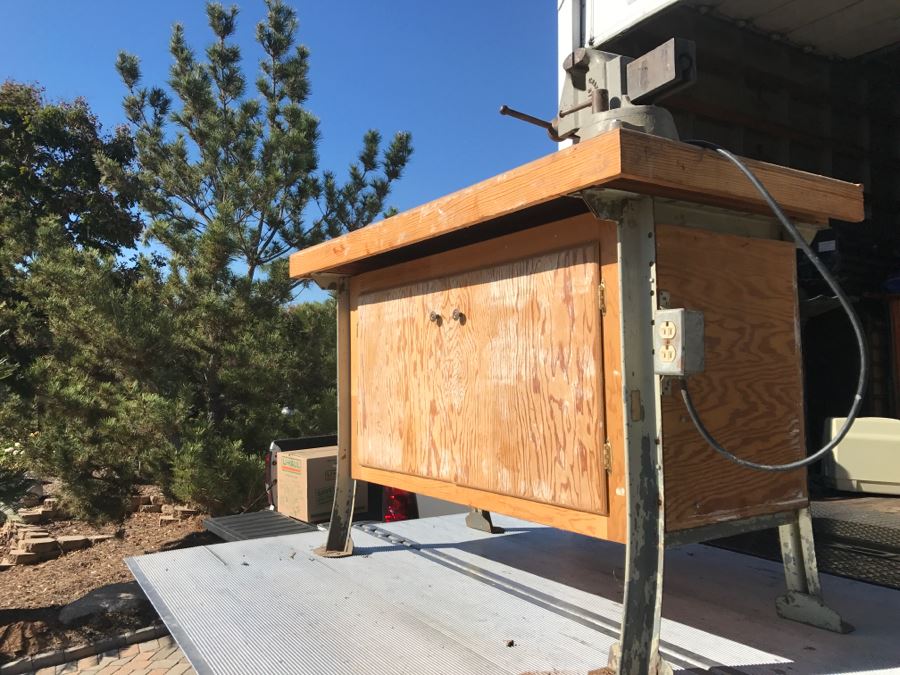 Vintage LYON Industrial Workbench With Cast Iron LYON Legs And Large Vintage CRAFTSMAN 5161 Machinist Swivel Bench Vise Also Would Make Great Kitchen Island [Photo 19]