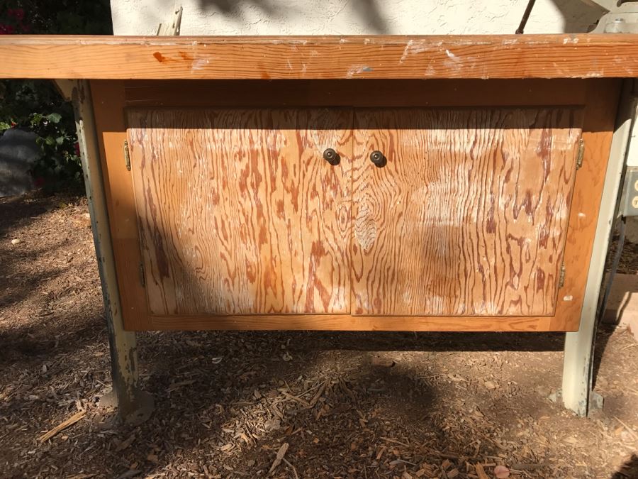 Vintage LYON Industrial Workbench With Cast Iron LYON Legs And Large Vintage CRAFTSMAN 5161 Machinist Swivel Bench Vise Also Would Make Great Kitchen Island [Photo 6]