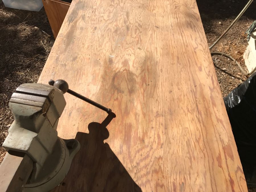 Vintage LYON Industrial Workbench With Cast Iron LYON Legs And Large Vintage CRAFTSMAN 5161 Machinist Swivel Bench Vise Also Would Make Great Kitchen Island [Photo 11]