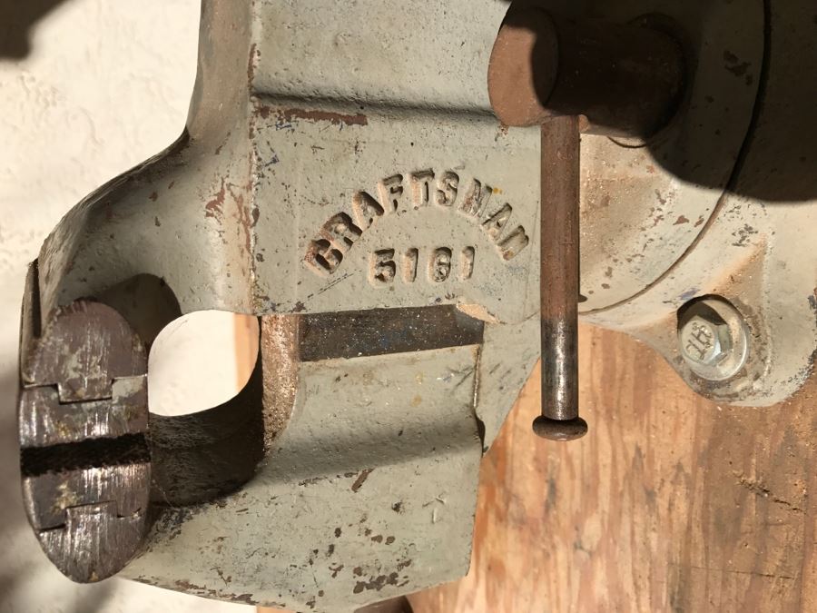 Vintage LYON Industrial Workbench With Cast Iron LYON Legs And Large Vintage CRAFTSMAN 5161 Machinist Swivel Bench Vise Also Would Make Great Kitchen Island [Photo 8]