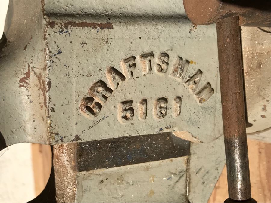 Vintage LYON Industrial Workbench With Cast Iron LYON Legs And Large Vintage CRAFTSMAN 5161 Machinist Swivel Bench Vise Also Would Make Great Kitchen Island [Photo 9]