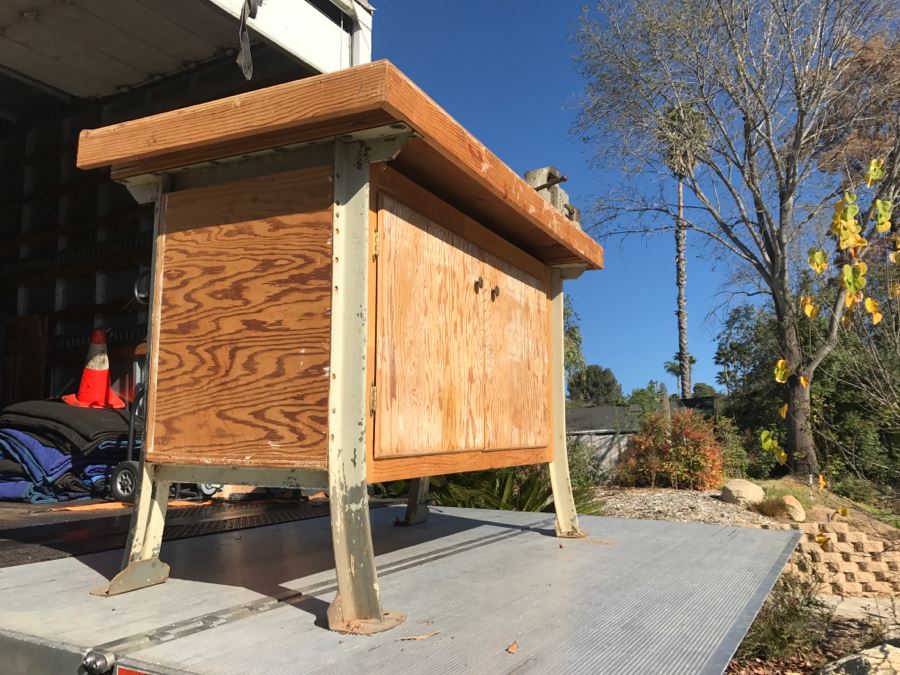 Vintage LYON Industrial Workbench With Cast Iron LYON Legs And Large Vintage CRAFTSMAN 5161 Machinist Swivel Bench Vise Also Would Make Great Kitchen Island [Photo 20]