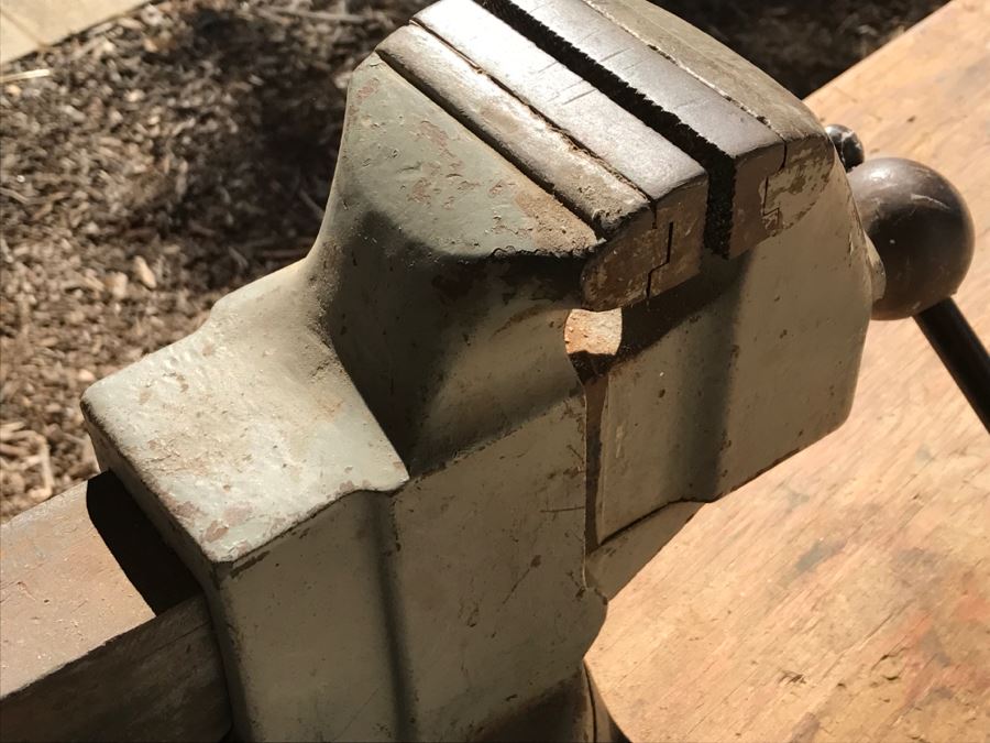 Vintage LYON Industrial Workbench With Cast Iron LYON Legs And Large Vintage CRAFTSMAN 5161 Machinist Swivel Bench Vise Also Would Make Great Kitchen Island [Photo 10]