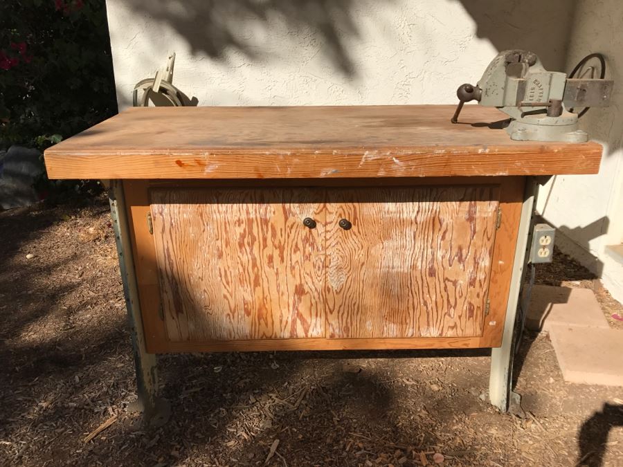 Vintage LYON Industrial Workbench With Cast Iron LYON Legs And Large Vintage CRAFTSMAN 5161 Machinist Swivel Bench Vise Also Would Make Great Kitchen Island [Photo 5]