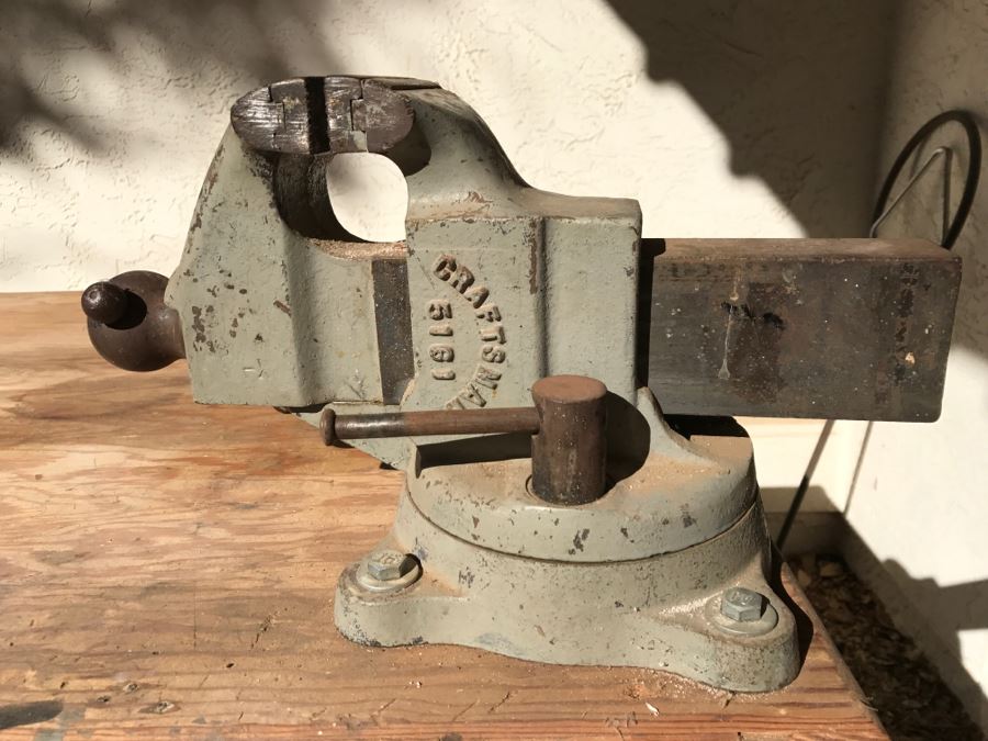 Vintage LYON Industrial Workbench With Cast Iron LYON Legs And Large Vintage CRAFTSMAN 5161 Machinist Swivel Bench Vise Also Would Make Great Kitchen Island [Photo 3]