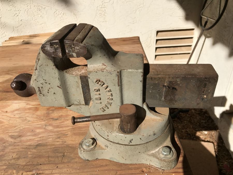 Vintage LYON Industrial Workbench With Cast Iron LYON Legs And Large Vintage CRAFTSMAN 5161 Machinist Swivel Bench Vise Also Would Make Great Kitchen Island [Photo 7]
