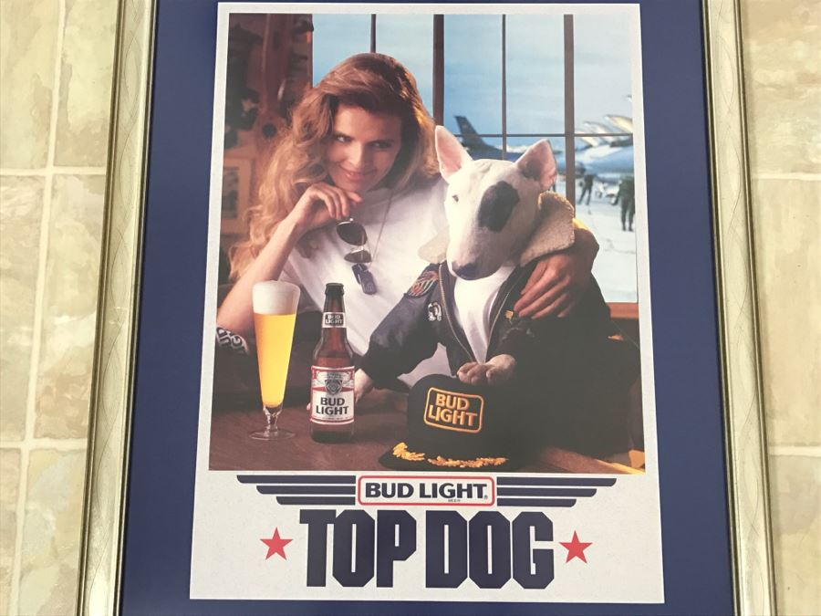 Vintage Framed Bud Light Advertising Poster 'Top Dog' Spuds Mackenzie Featuring Scene From Movie Top Gun With Kelly McGillis