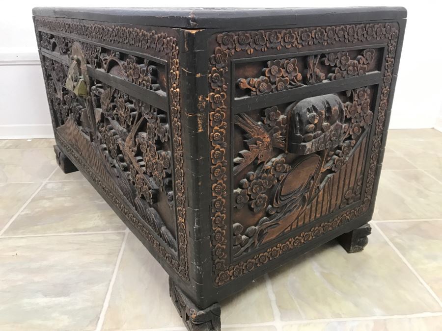 STUNNING Detailed Wooden Asian Chest With High Relief Carving On All 5 ...