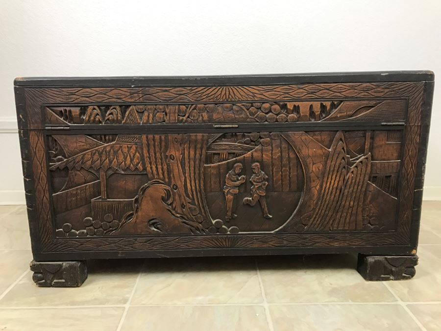 STUNNING Detailed Wooden Asian Chest With High Relief Carving On All 5 Sides Of Chest Cedar Lined See All Photos [Photo 24]