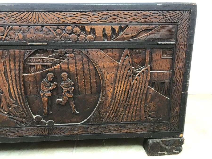STUNNING Detailed Wooden Asian Chest With High Relief Carving On All 5 Sides Of Chest Cedar Lined See All Photos [Photo 27]
