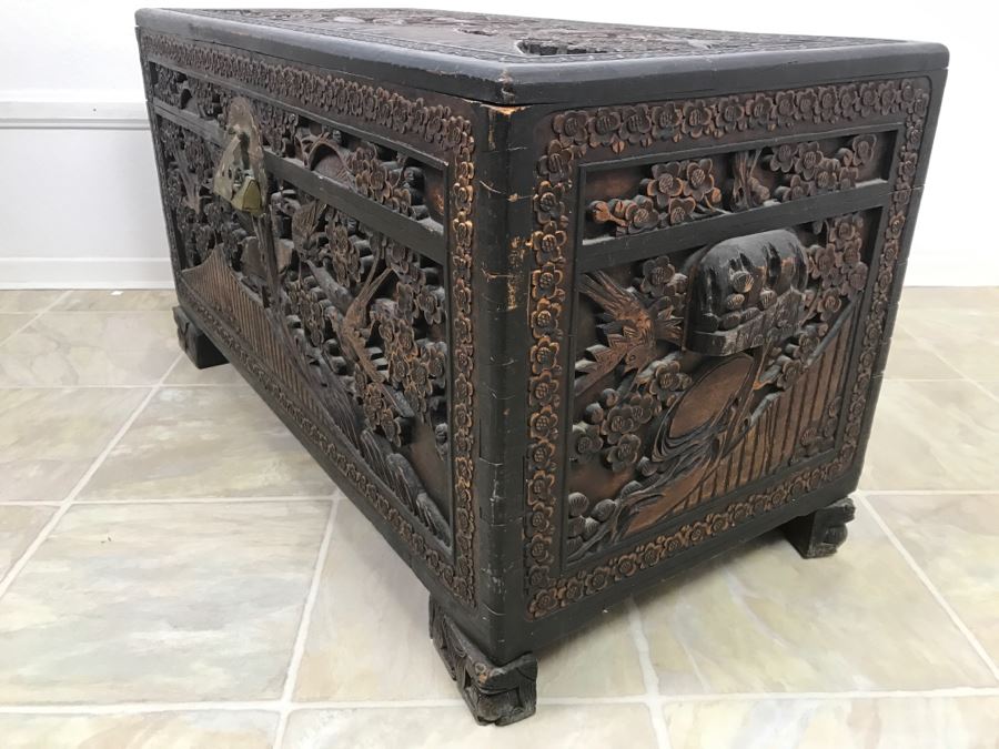 STUNNING Detailed Wooden Asian Chest With High Relief Carving On All 5 Sides Of Chest Cedar Lined See All Photos [Photo 22]