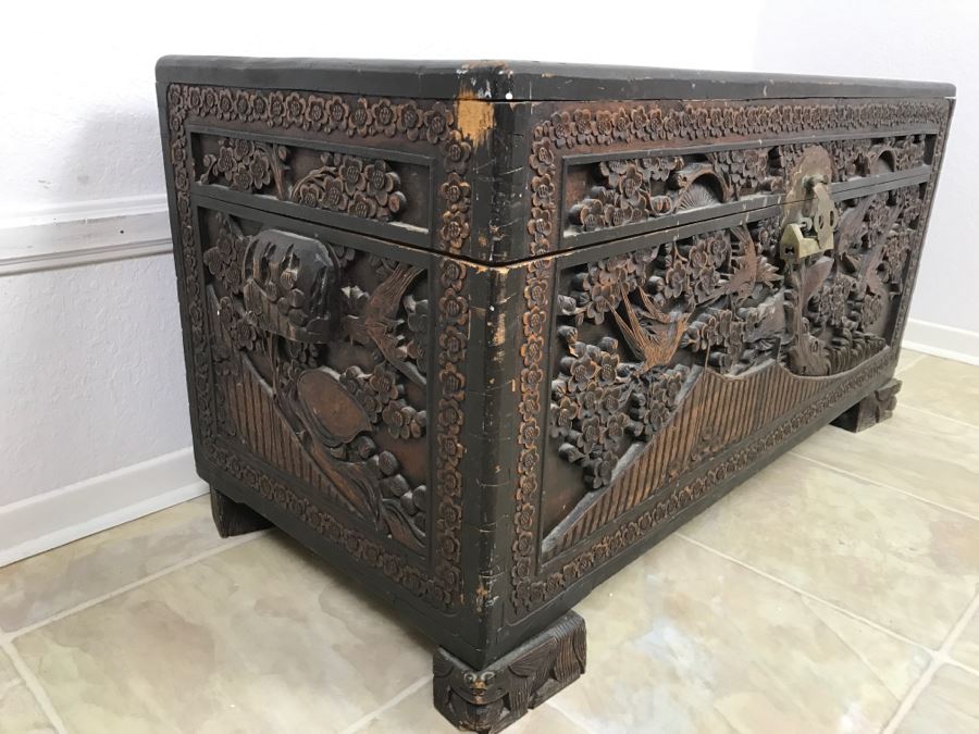 STUNNING Detailed Wooden Asian Chest With High Relief Carving On All 5 Sides Of Chest Cedar Lined See All Photos [Photo 5]