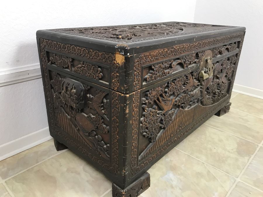 STUNNING Detailed Wooden Asian Chest With High Relief Carving On All 5 Sides Of Chest Cedar Lined See All Photos [Photo 6]