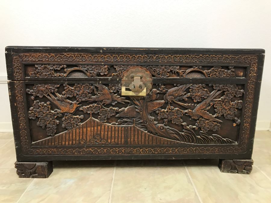 STUNNING Detailed Wooden Asian Chest With High Relief Carving On All 5 Sides Of Chest Cedar Lined See All Photos [Photo 3]