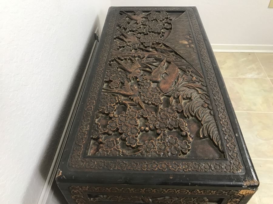 STUNNING Detailed Wooden Asian Chest With High Relief Carving On All 5 ...