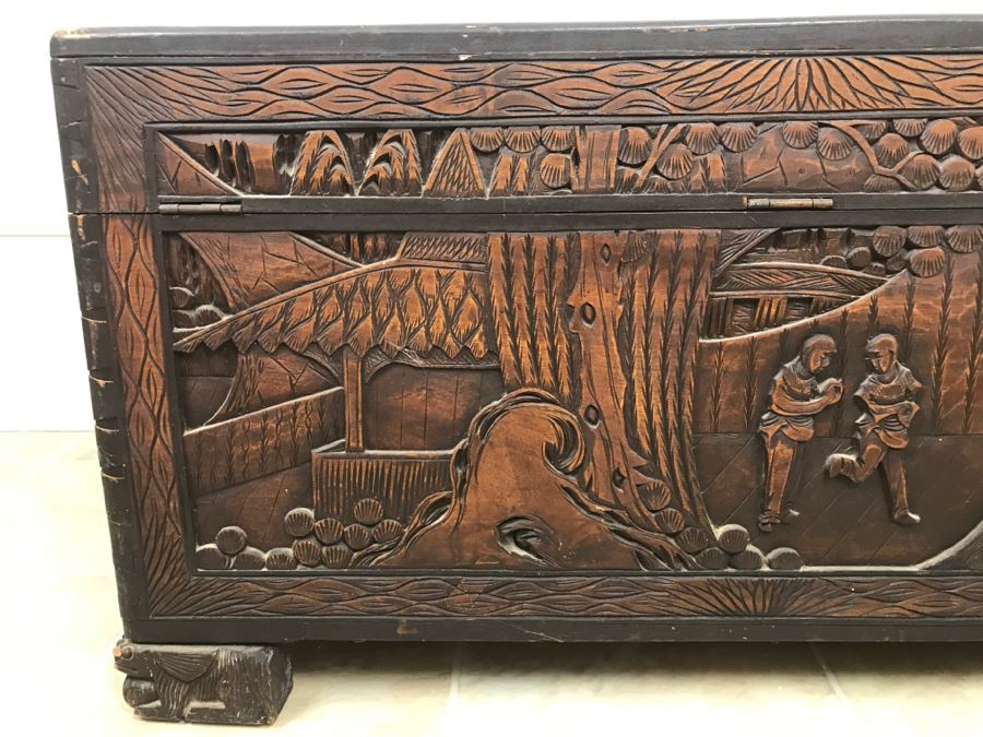 STUNNING Detailed Wooden Asian Chest With High Relief Carving On All 5 Sides Of Chest Cedar Lined See All Photos [Photo 25]