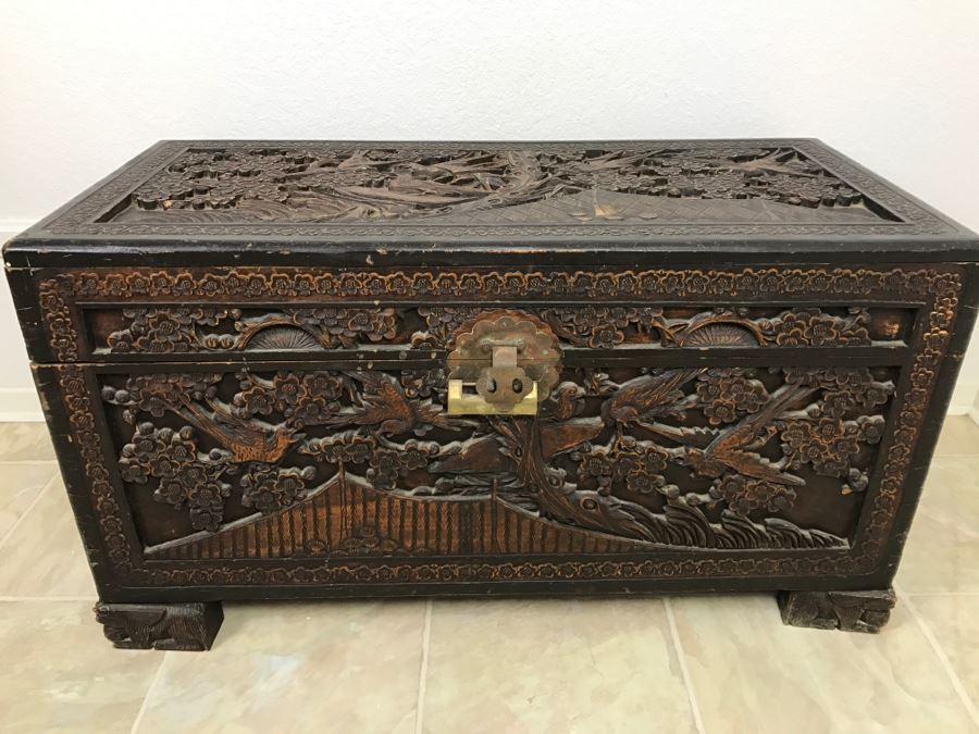 STUNNING Detailed Wooden Asian Chest With High Relief Carving On All 5 Sides Of Chest Cedar Lined See All Photos