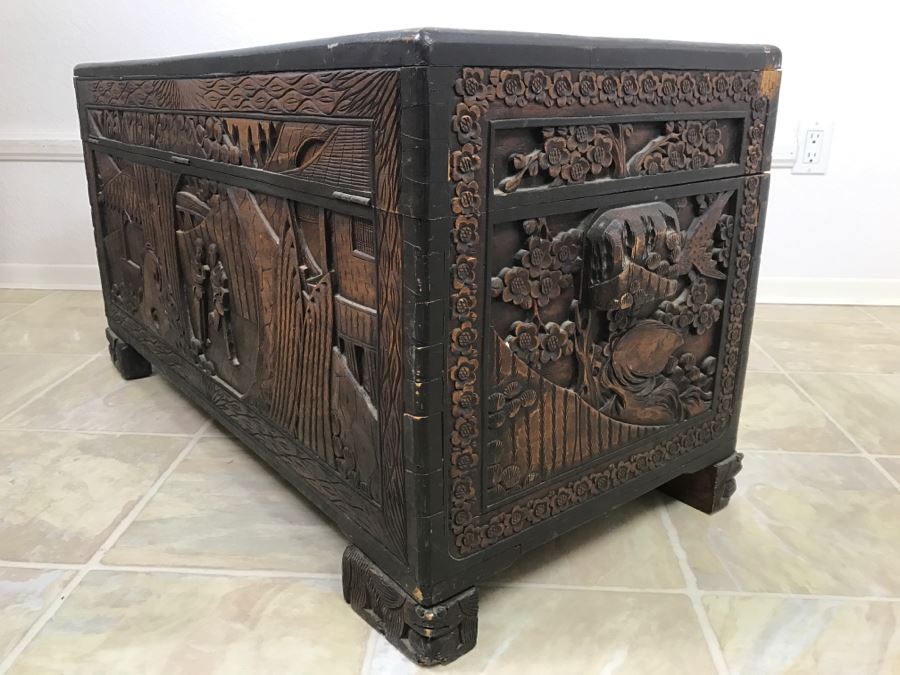 STUNNING Detailed Wooden Asian Chest With High Relief Carving On All 5 Sides Of Chest Cedar Lined See All Photos [Photo 30]