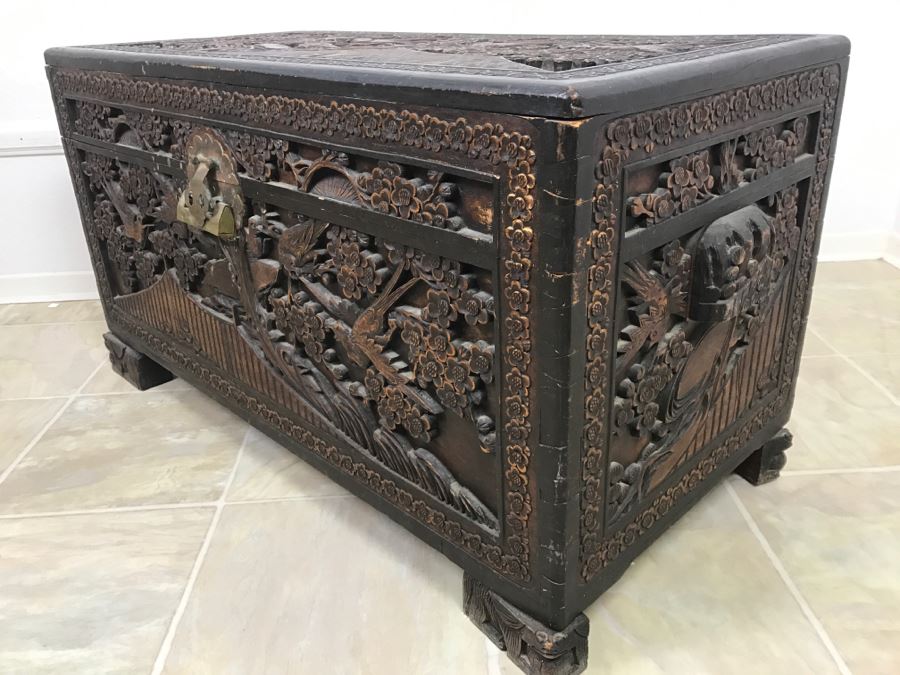 STUNNING Detailed Wooden Asian Chest With High Relief Carving On All 5 Sides Of Chest Cedar Lined See All Photos [Photo 2]