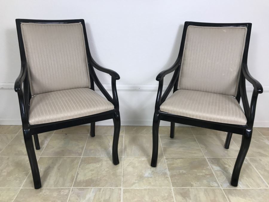 Pair Of Elegant Wooden Black Upholstered Armchairs Side Chairs [Photo 2]