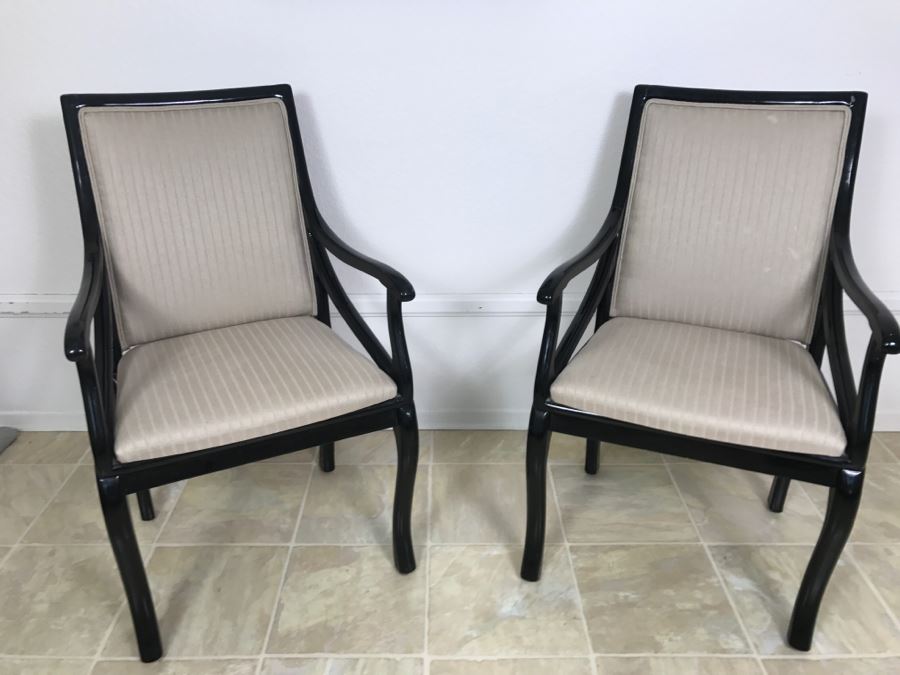 Pair Of Elegant Wooden Black Upholstered Armchairs Side Chairs [Photo 3]