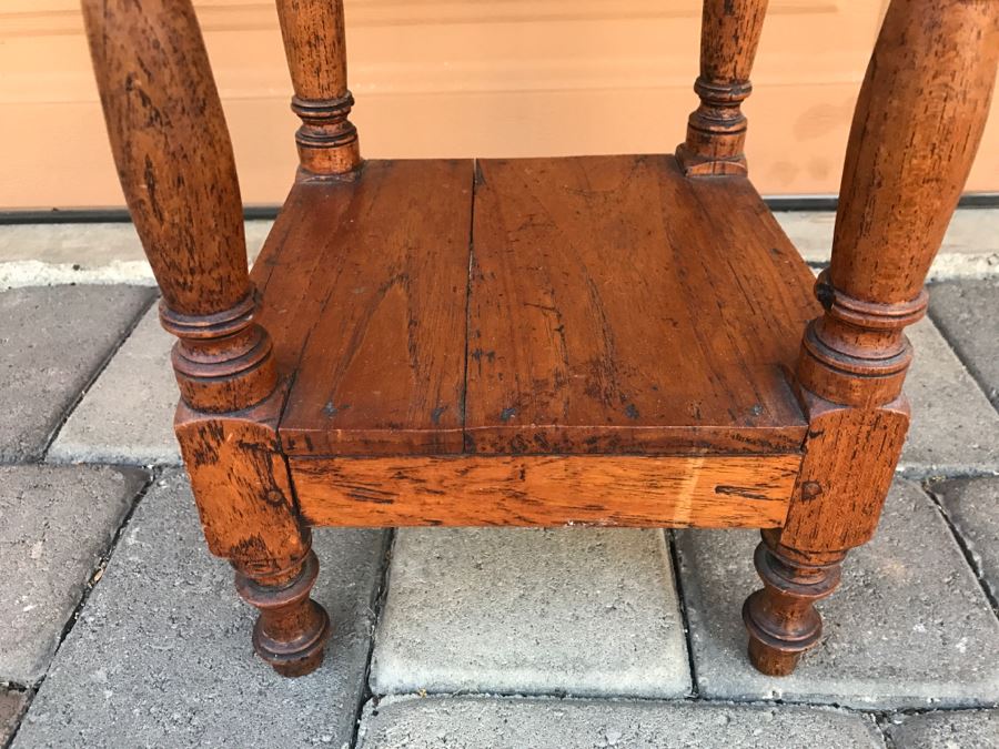 Antique Carved Floral Motif Round Wooden Top Side Table With Lower Shelf [Photo 7]