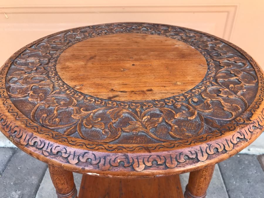 Antique Carved Floral Motif Round Wooden Top Side Table With Lower Shelf