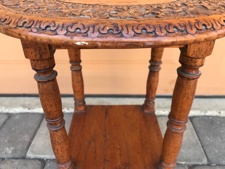 Antique Carved Floral Motif Round Wooden Top Side Table With Lower Shelf [Photo 5]