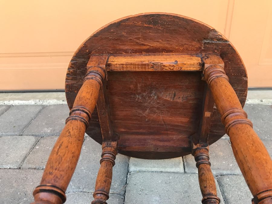 Antique Carved Floral Motif Round Wooden Top Side Table With Lower Shelf