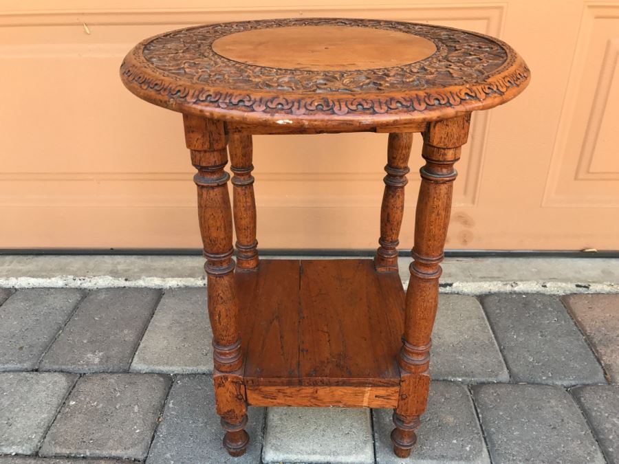 Antique Carved Floral Motif Round Wooden Top Side Table With Lower Shelf [Photo 1]