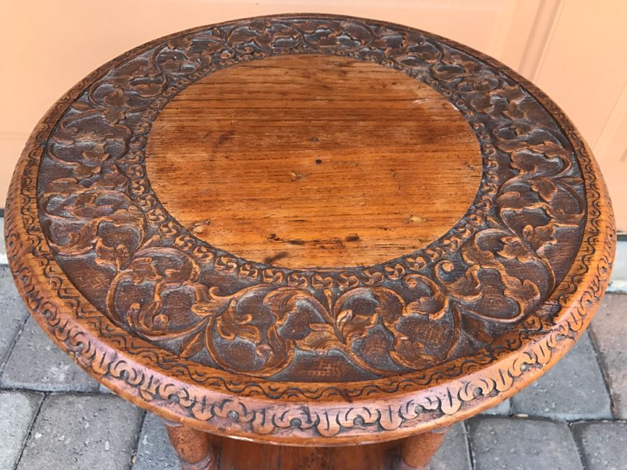 Antique Carved Floral Motif Round Wooden Top Side Table With Lower Shelf