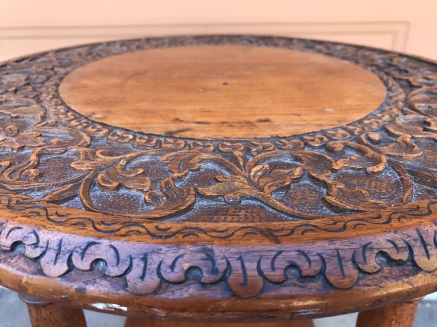 Antique Carved Floral Motif Round Wooden Top Side Table With Lower Shelf