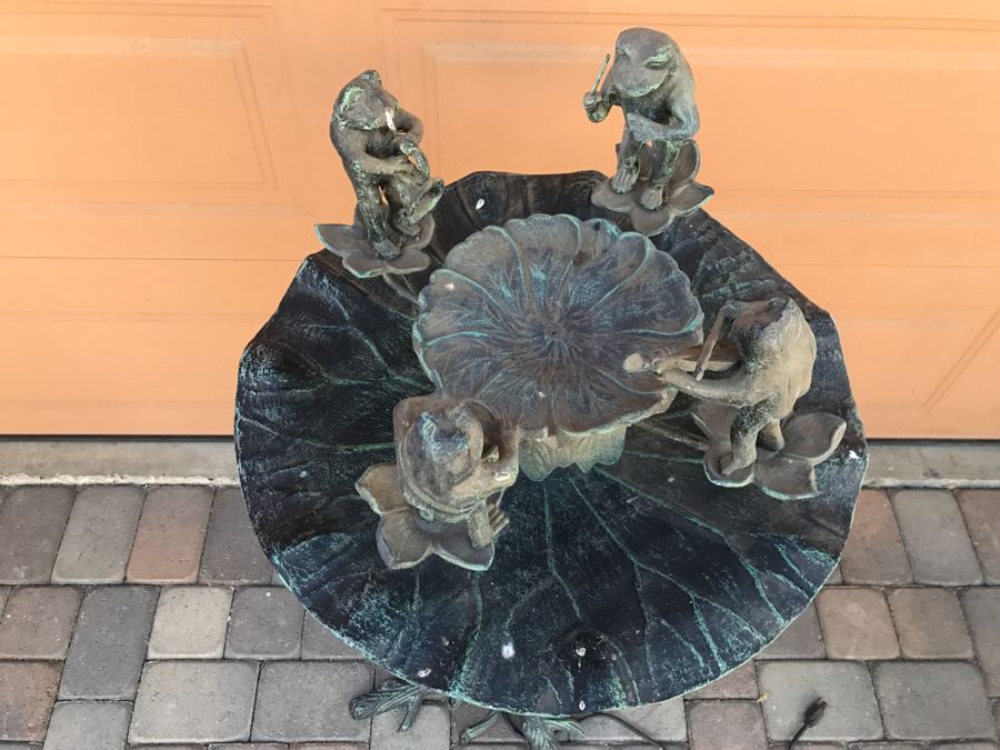 Freestanding Metal Water Fountain With Frogs Playing Instruments Tree Motif [Photo 12]