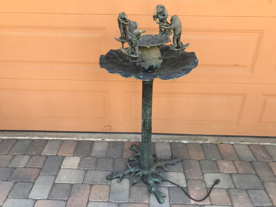 Freestanding Metal Water Fountain With Frogs Playing Instruments Tree Motif