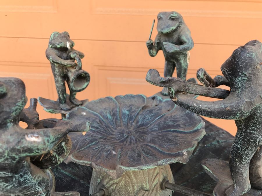 Freestanding Metal Water Fountain With Frogs Playing Instruments Tree Motif [Photo 9]