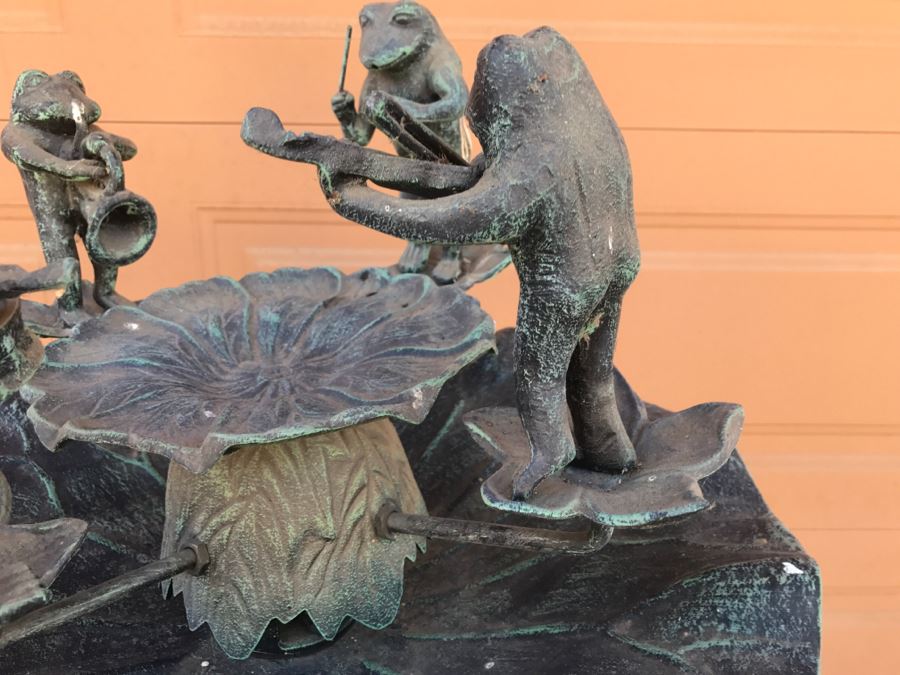 Freestanding Metal Water Fountain With Frogs Playing Instruments Tree Motif [Photo 11]