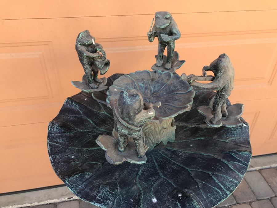 Freestanding Metal Water Fountain With Frogs Playing Instruments Tree Motif [Photo 3]