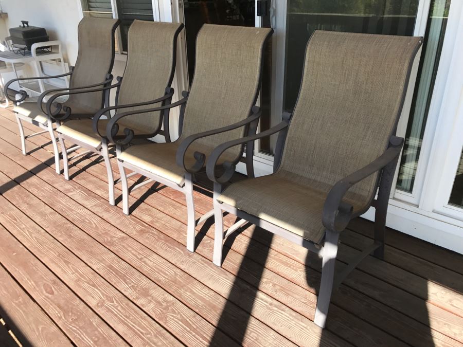 (4) Woodard 'Belden' Sling High-Back Patio Dining Chairs Outdoor Aluminum Furniture Set Retails For $2,200 [Photo 4]