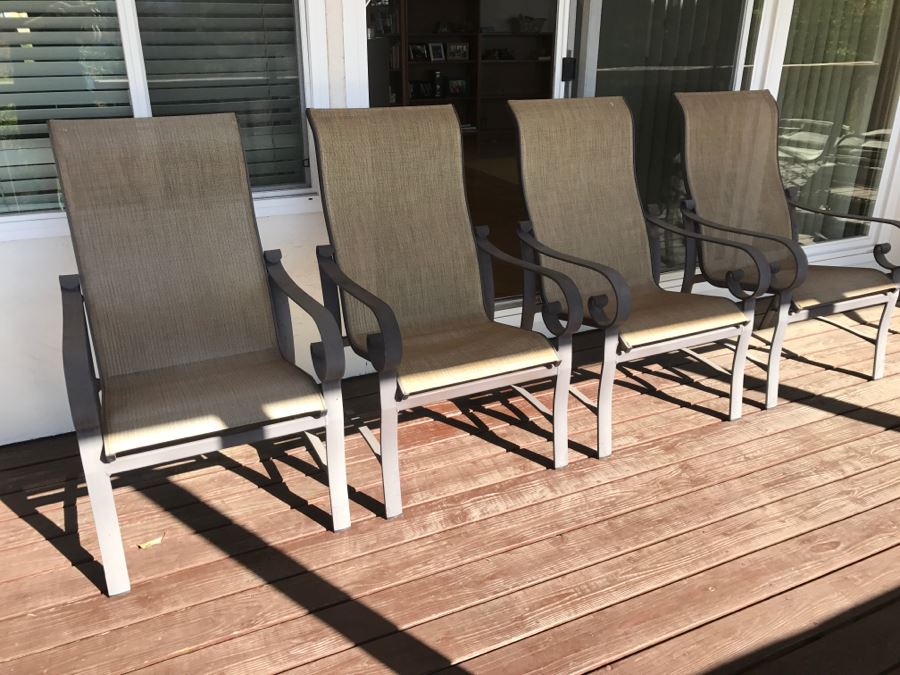 (4) Woodard 'Belden' Sling High-Back Patio Dining Chairs Outdoor Aluminum Furniture Set Retails For $2,200