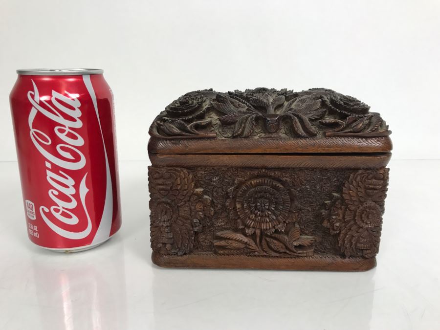 Stunning Relief Carved Folding Wooden Box Floral / Bird Motif With 48 Cylindrical Storage Compartments Cigars? [Photo 25]