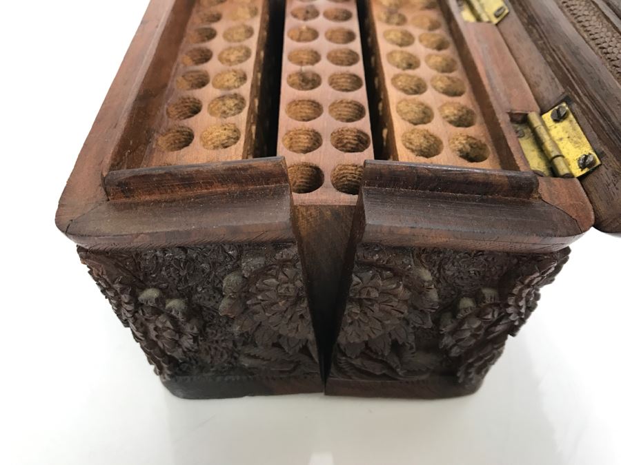 Stunning Relief Carved Folding Wooden Box Floral / Bird Motif With 48 Cylindrical Storage Compartments Cigars? [Photo 24]