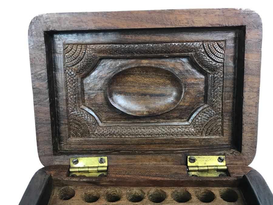 Stunning Relief Carved Folding Wooden Box Floral / Bird Motif With 48 Cylindrical Storage Compartments Cigars? [Photo 18]