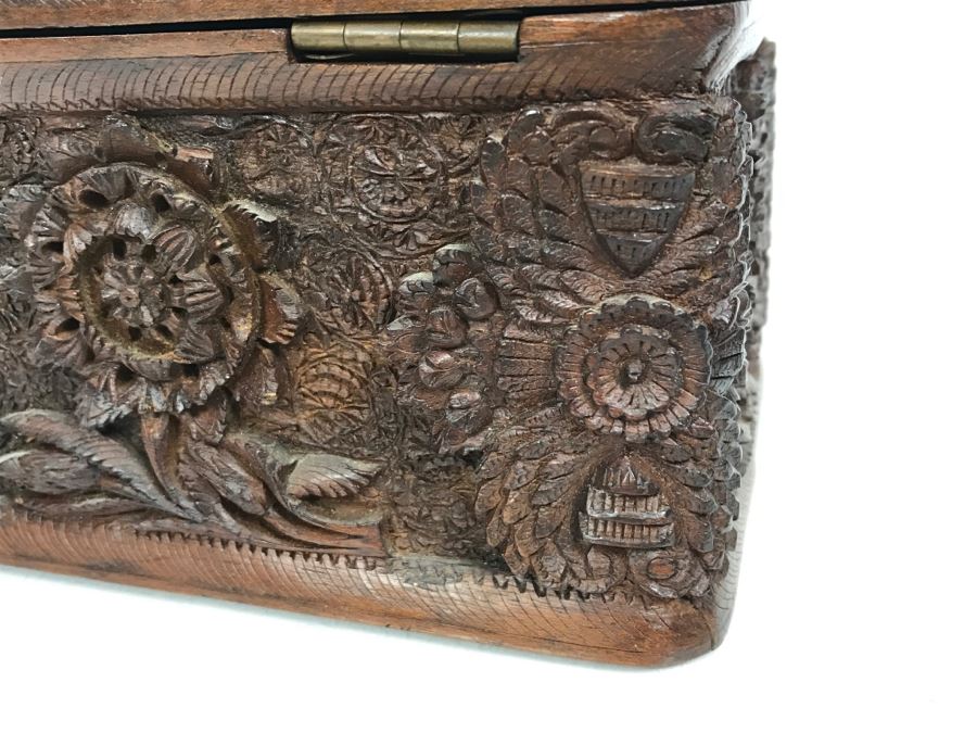 Stunning Relief Carved Folding Wooden Box Floral / Bird Motif With 48 ...