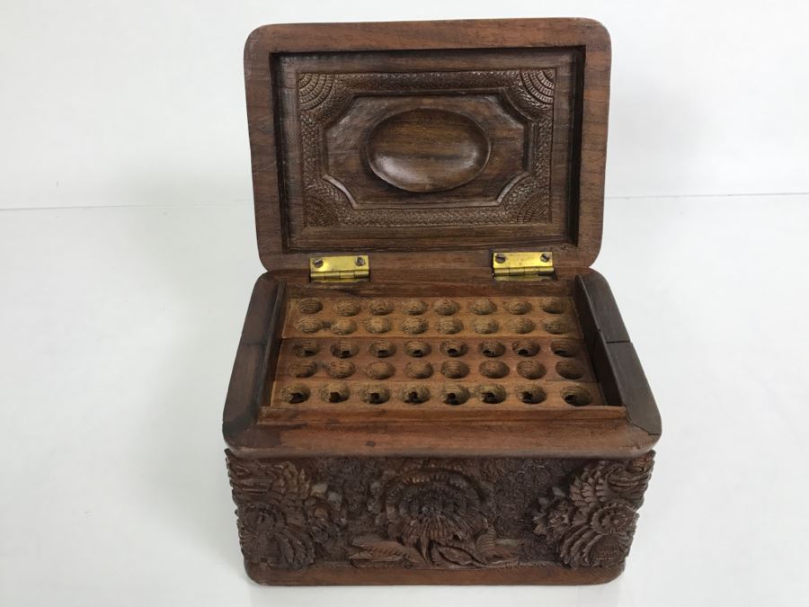 Stunning Relief Carved Folding Wooden Box Floral / Bird Motif With 48 Cylindrical Storage Compartments Cigars? [Photo 16]