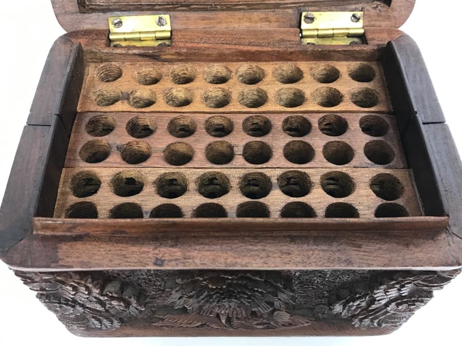 Stunning Relief Carved Folding Wooden Box Floral / Bird Motif With 48 Cylindrical Storage Compartments Cigars? [Photo 17]